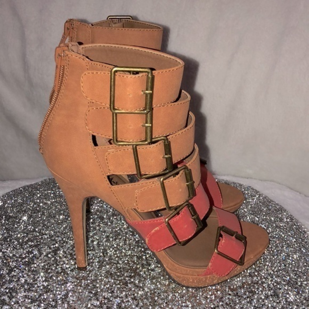 Michael Antonio Buckle Straps Heels Brown‎ and Brick Red